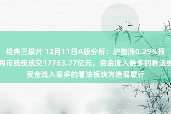 经典三级片 12月11日A股分析:沪指涨0.29%报3432.49点,两市统统成交17763.77亿元,资金流入最多的看法板块为造谣履行